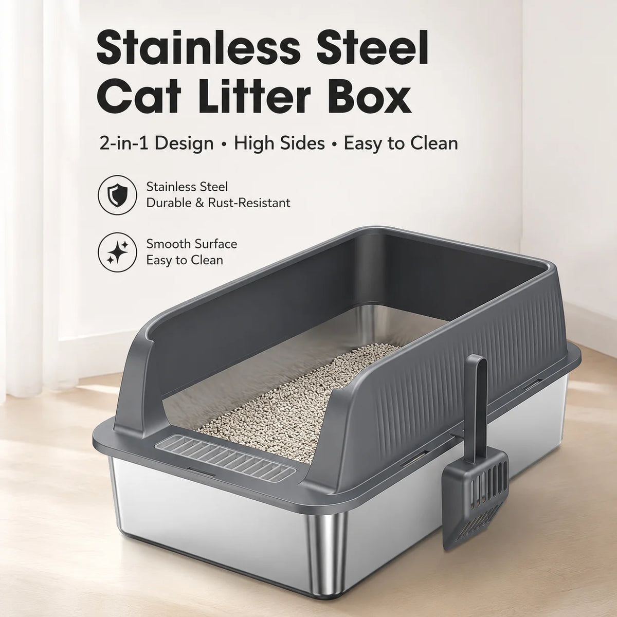 Stainless Steel Cat Litter Box High Wall Semi Enclosed Open Cat Toilet Anti Scatter Litter Pan with Scoop for Large Indoor Cats