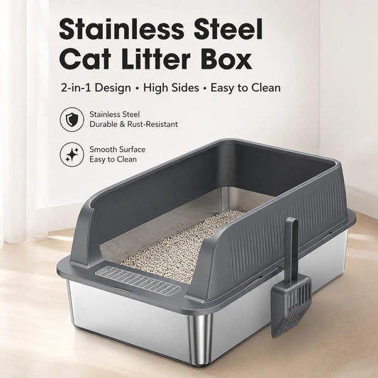 Stainless Steel Cat Litter Box High Wall Semi Enclosed Open Cat Toilet Anti Scatter Litter Pan with Scoop for Large Indoor Cats