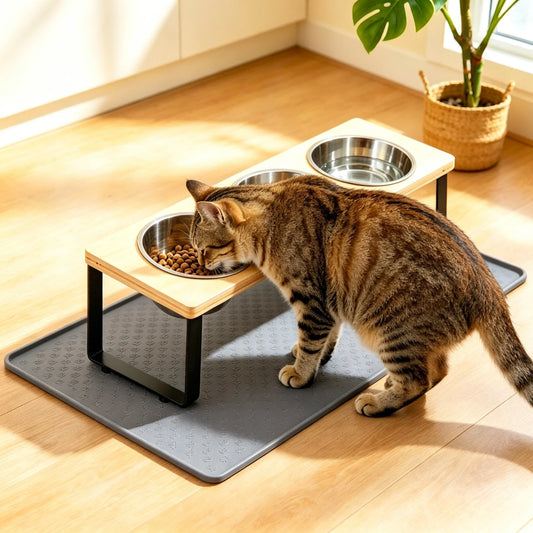 Elevated Cat Feeder With Bamboo Base And Stainless Steel Bowls
