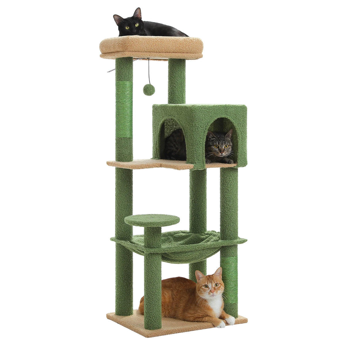 PEQULTI Multilevel Wooden Cat Tree With Scratching Posts And Hammock
