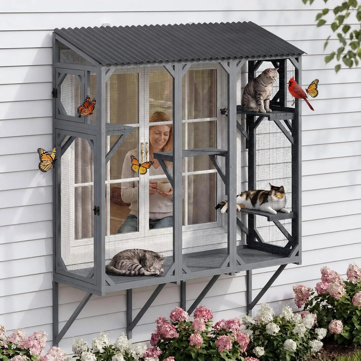 Wooden Window Catio Cat Enclosure With Sturdy Perch For Indoor Pets