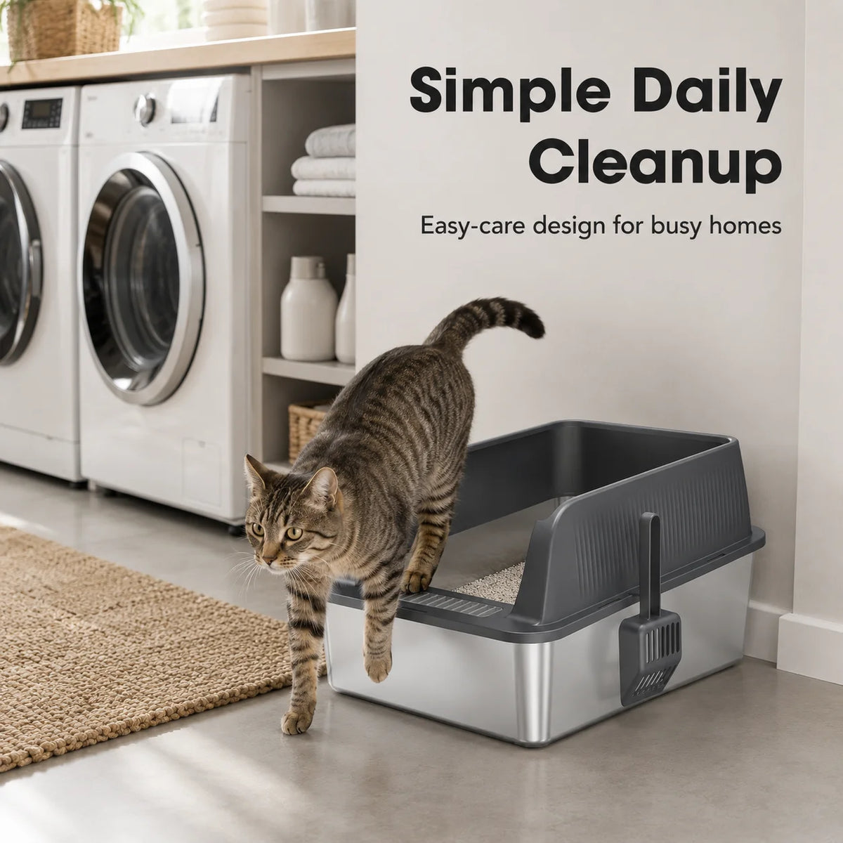 Stainless Steel Cat Litter Box High Wall Semi Enclosed Open Cat Toilet Anti Scatter Litter Pan with Scoop for Large Indoor Cats