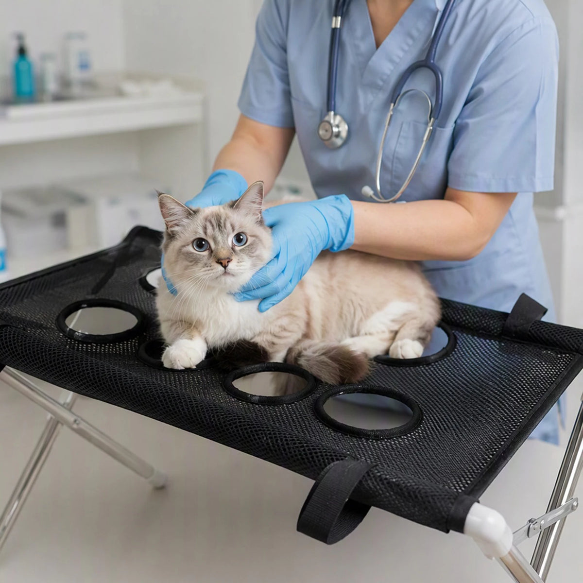 Pet Bathing Hammock with Eight Holes Foldable Pet Grooming Table Pet Washing Station for Picking Ears Nail Clipping Home