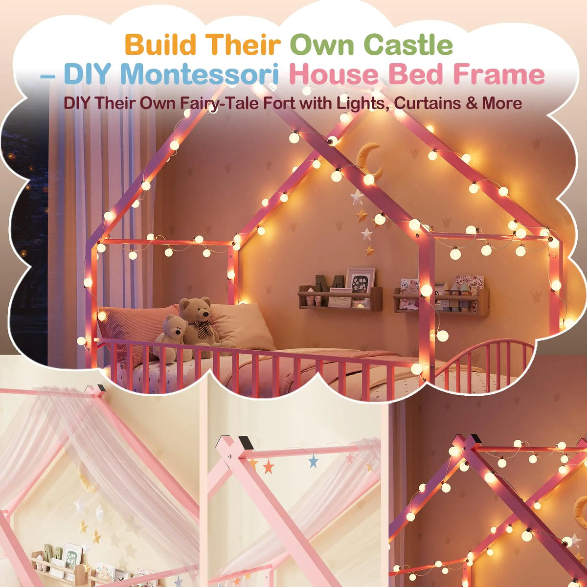 HiMiss Montessori House Floor Bed With Safety Rails
