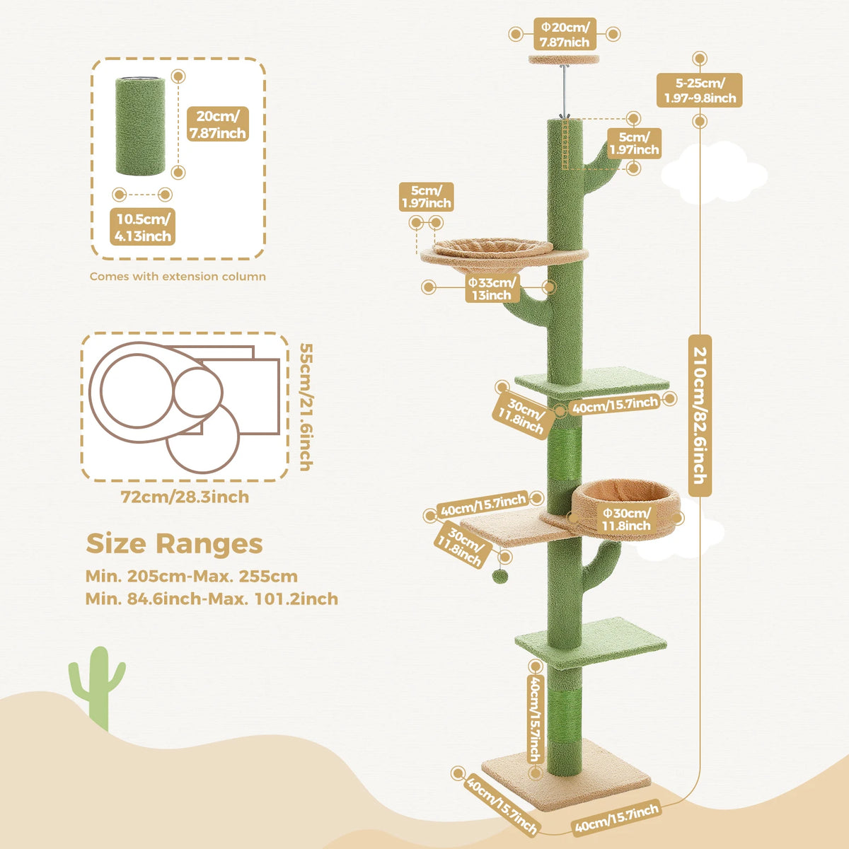 Pequlti Adjustable Height Cat Tower With Scratching Post And Hammock