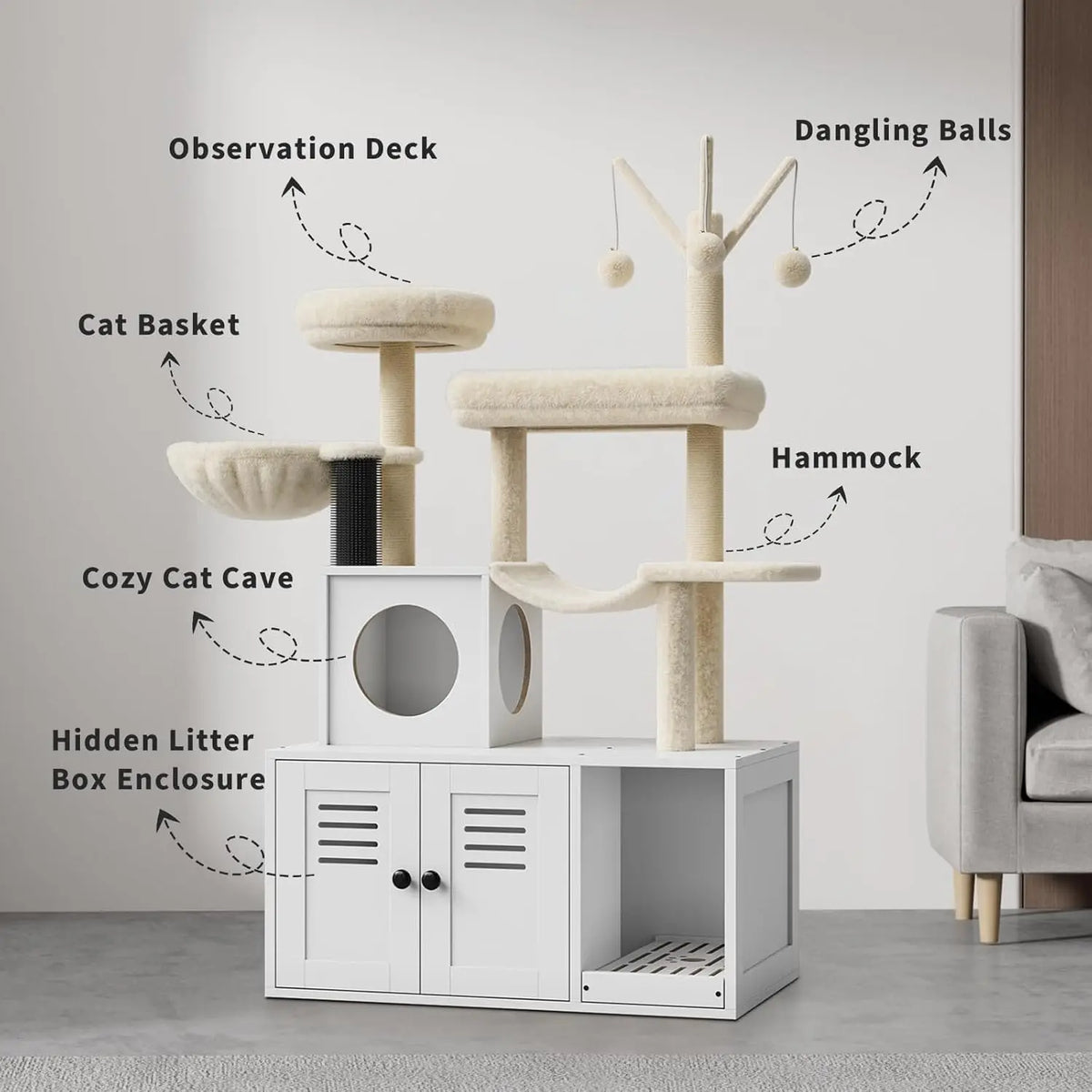 TWISTER.CK Wooden Litter Box Enclosure With Integrated Cat Tower