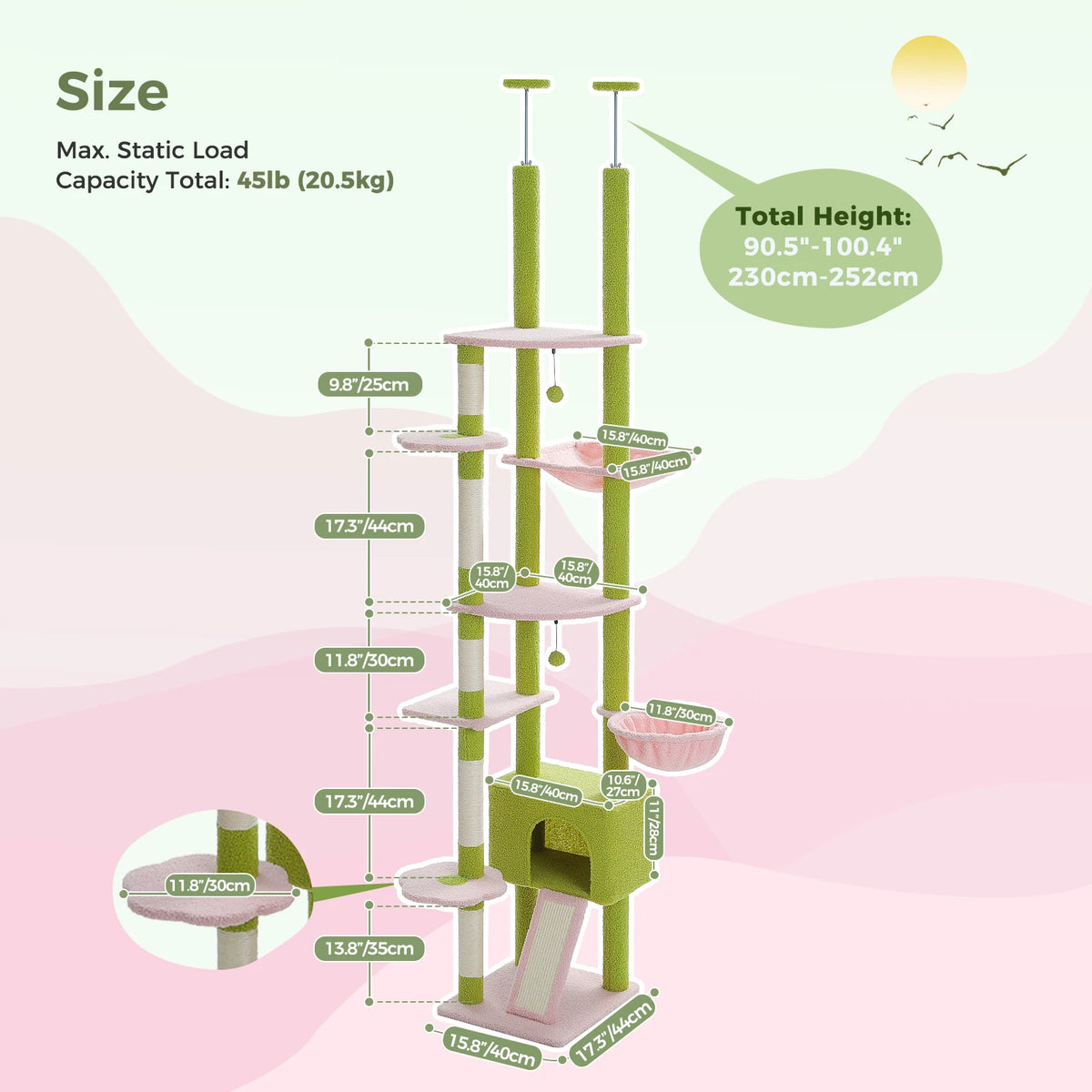 PEQULTI Adjustable Height Indoor Cat Tree With Hammock And Post