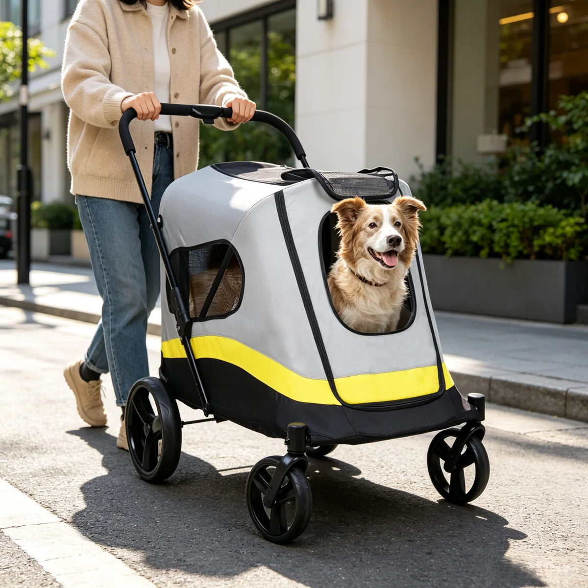 Four Wheel Folding Dog Stroller With Breathable Mesh Design