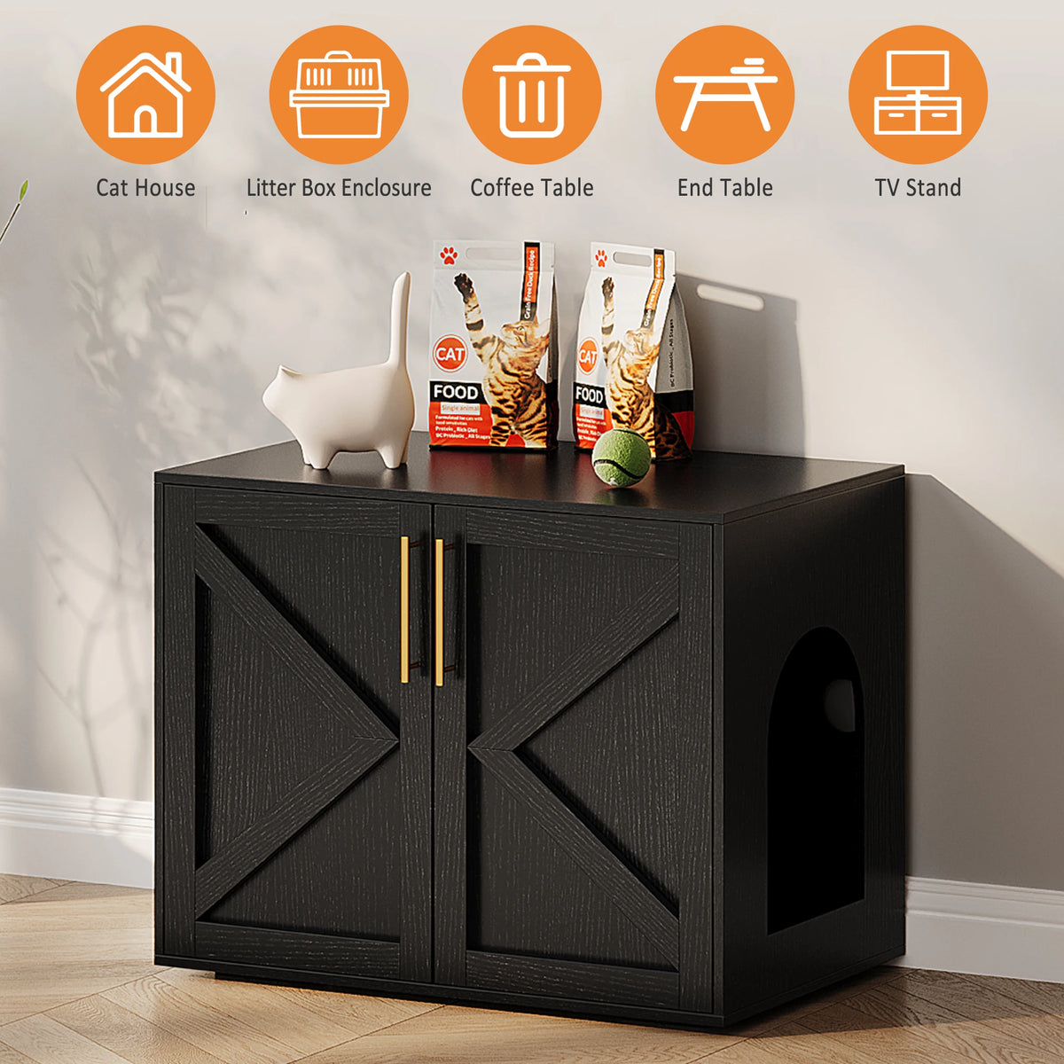 Multi-Functional Hidden Cat Litter Box Enclosure - Wooden Cat Furniture with Barn Doors, Spacious Washroom Cabinet & End Table for Indoor Living Room or Bedroom - Modern Design