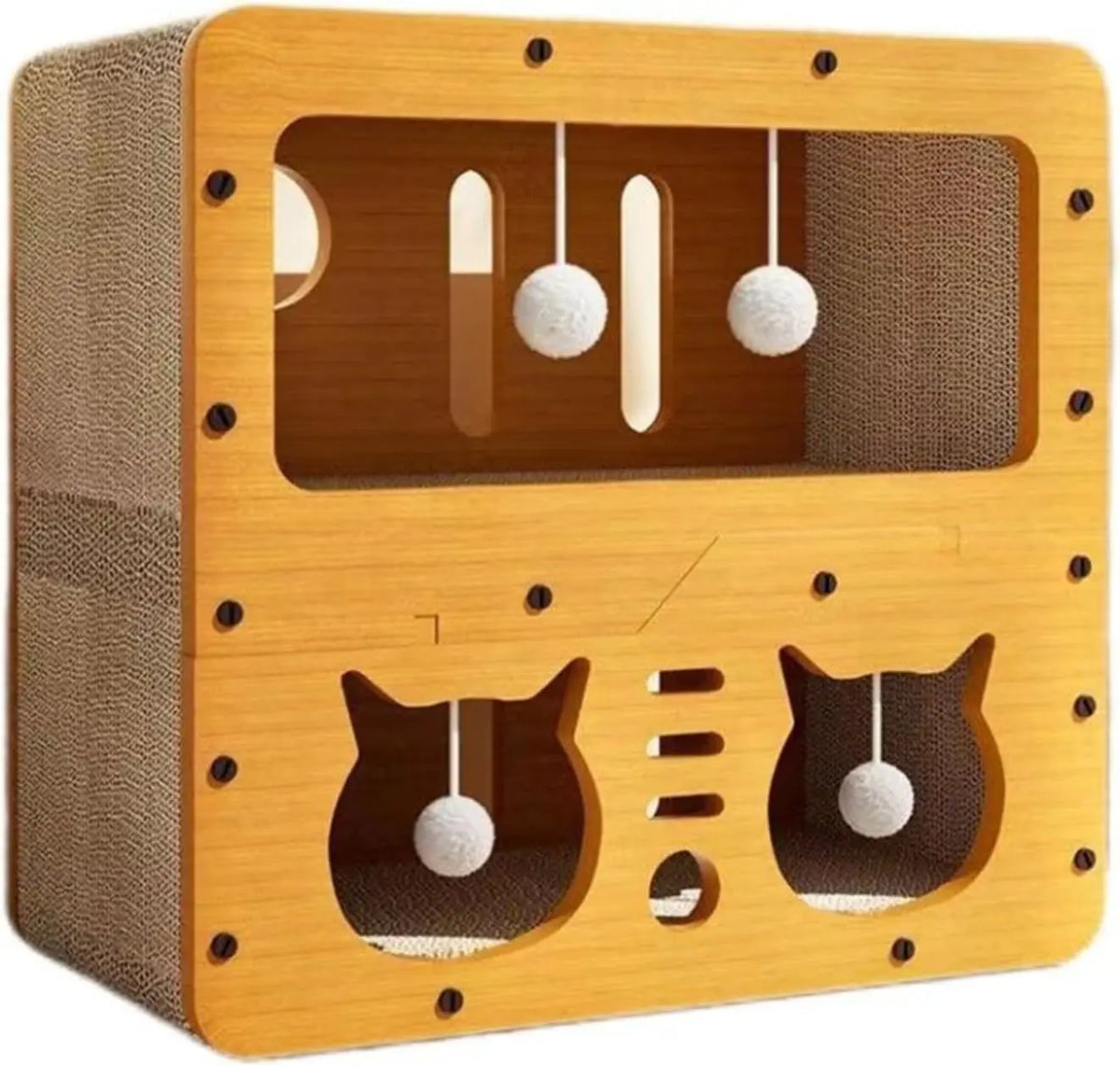 Enclosed Cat Scratcher House With Two Level Bed And Toy