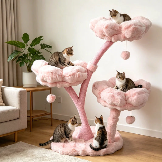 Borwart Wooden Four Tier Cat Tree With Scratching Post Toys