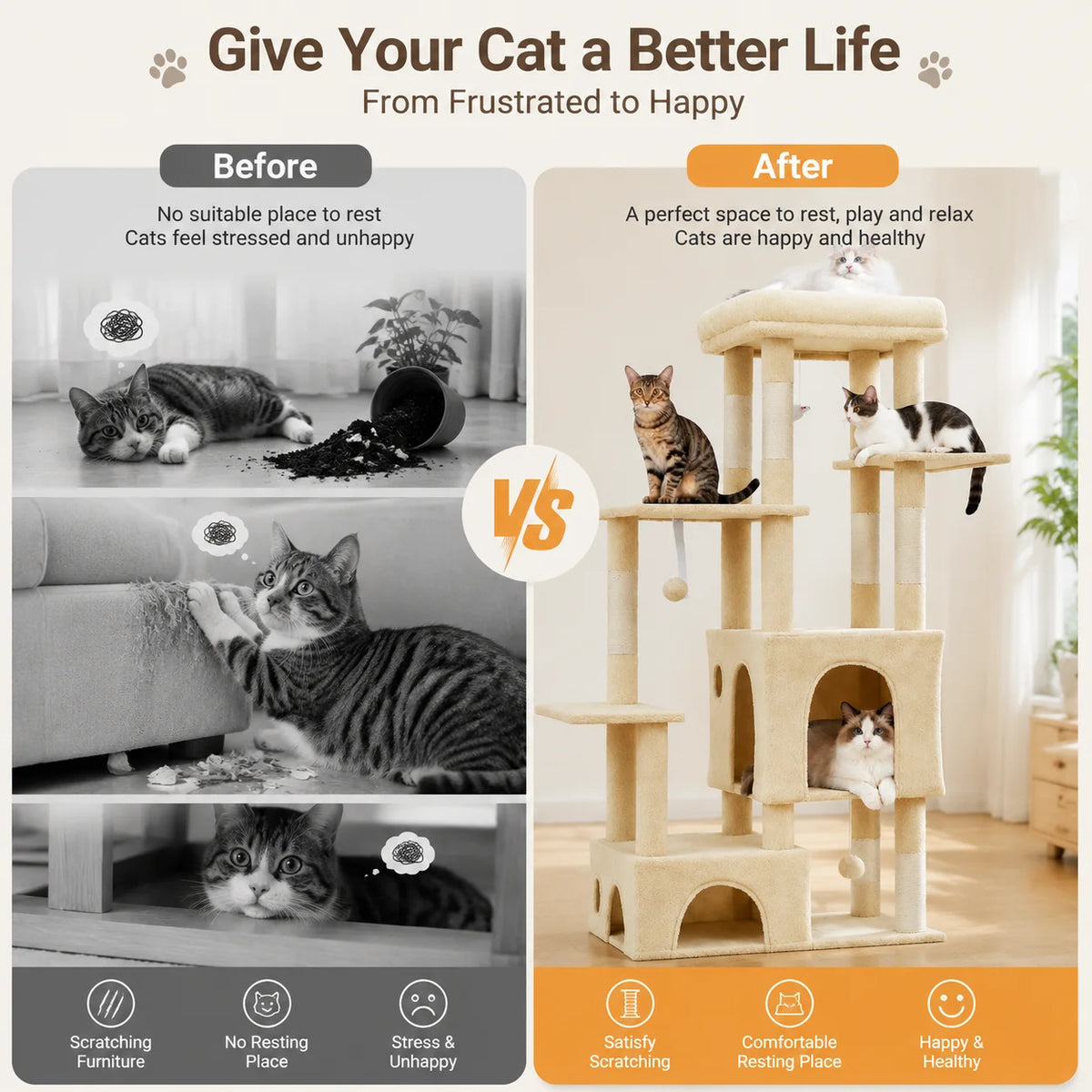 Large Indoor Cat Tree With Scratching Posts And Hanging Toys