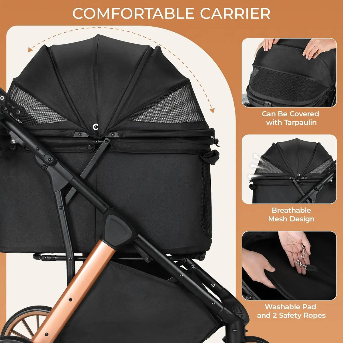 Foldable Pet Stroller With Shock Absorbers And Sun Shade