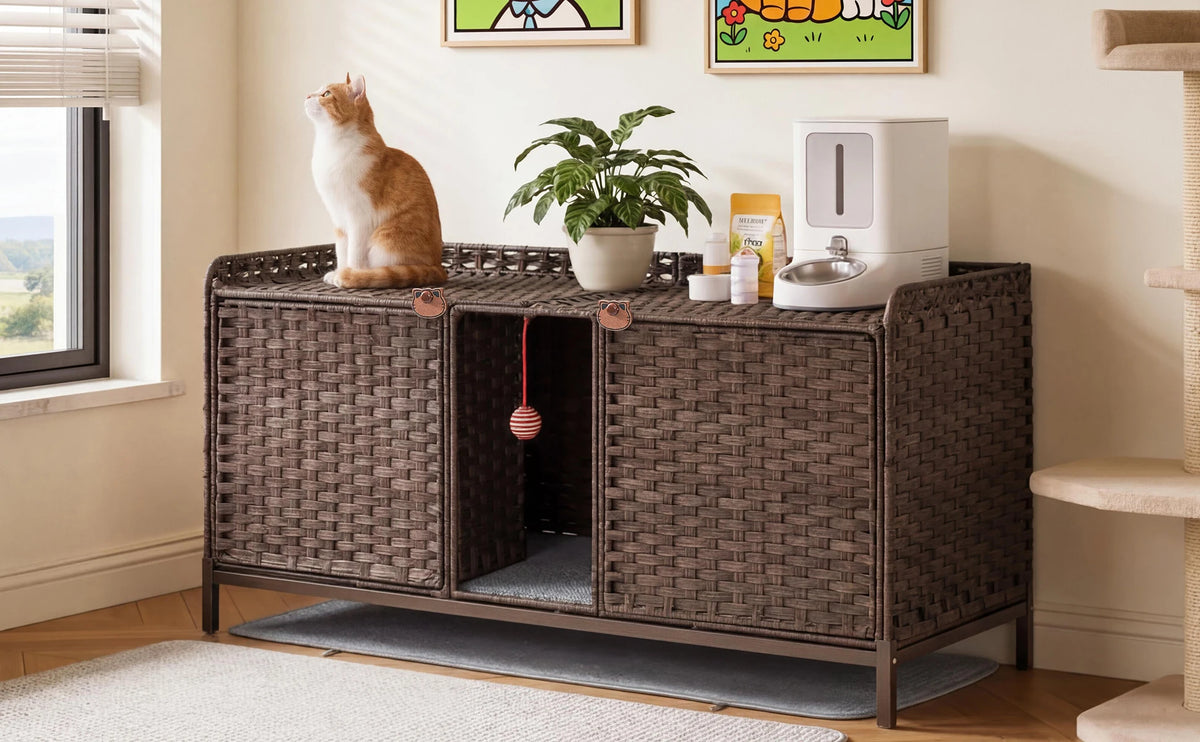 HiMiss Handwoven Rattan Hidden Cat Litter Box Enclosure Furniture