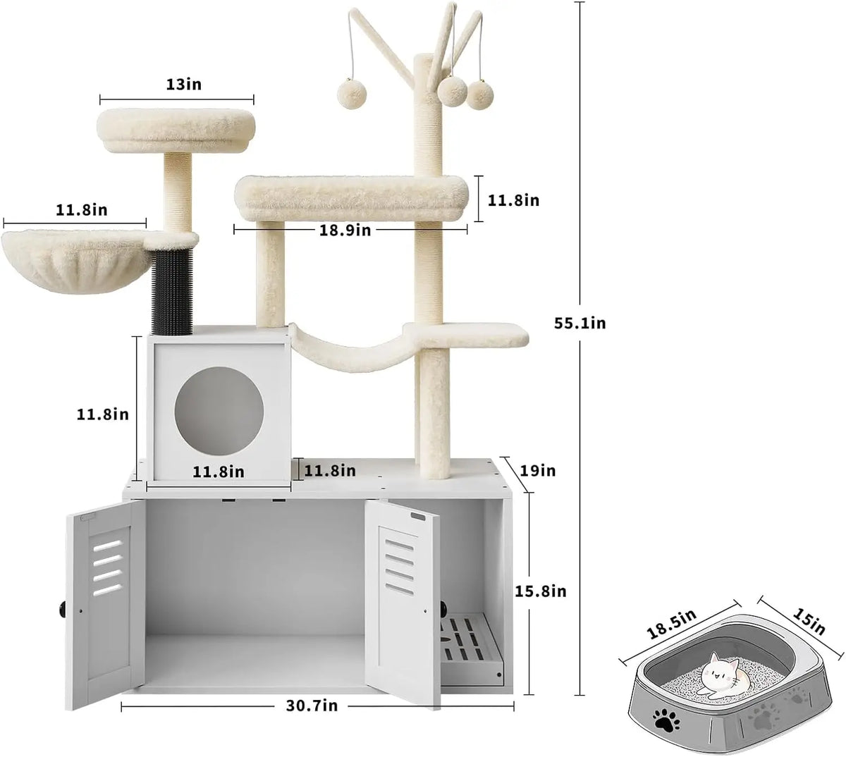 TWISTER.CK Wooden Litter Box Enclosure With Integrated Cat Tower
