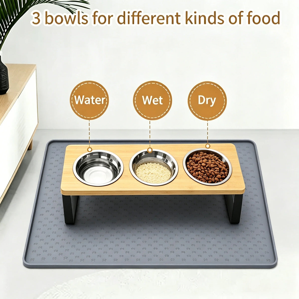 Elevated Cat Feeder With Bamboo Base And Stainless Steel Bowls