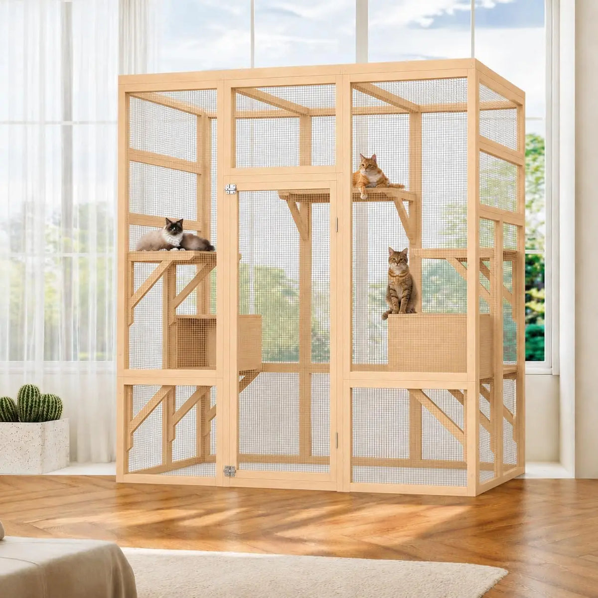HiMISS Outdoor Cat Catio With Wooden Platforms And Napping Houses