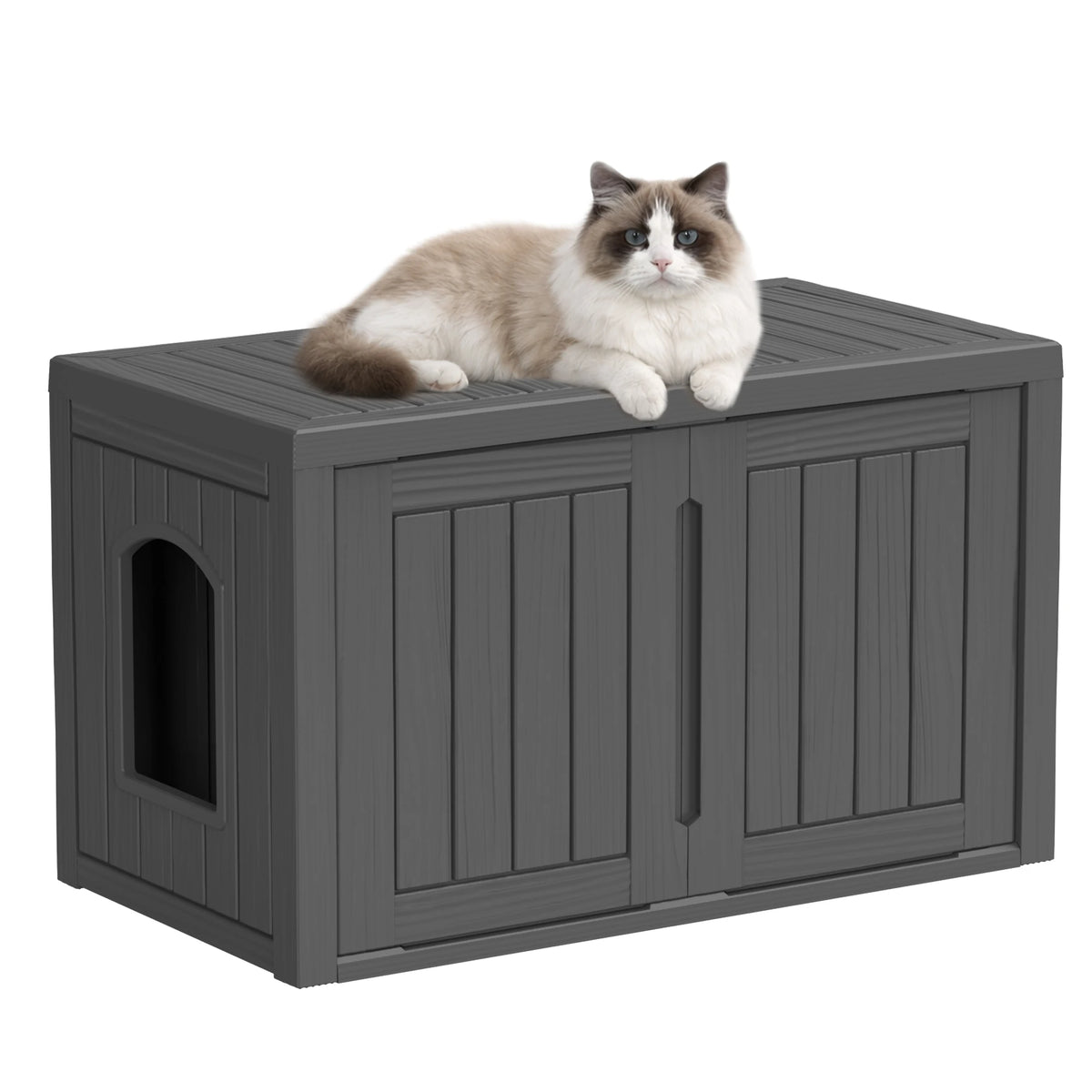 Weatherproof Resin Cat House With Double Doors And Flat Roof