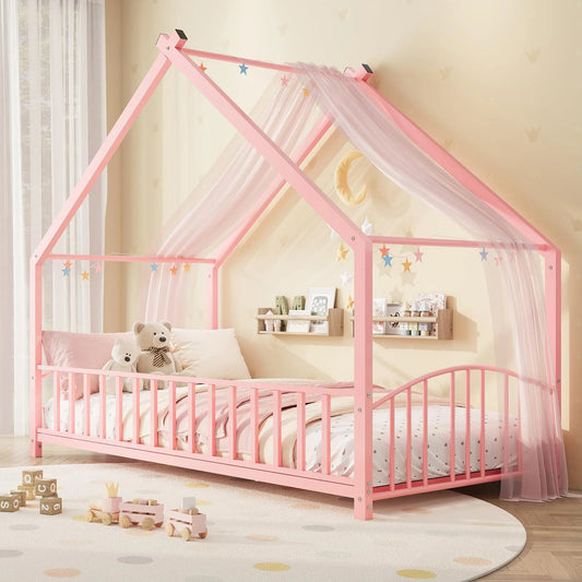 HiMiss Montessori House Floor Bed With Safety Rails