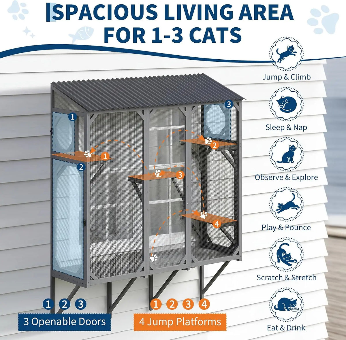 Wooden Window Catio Cat Enclosure With Sturdy Perch For Indoor Pets