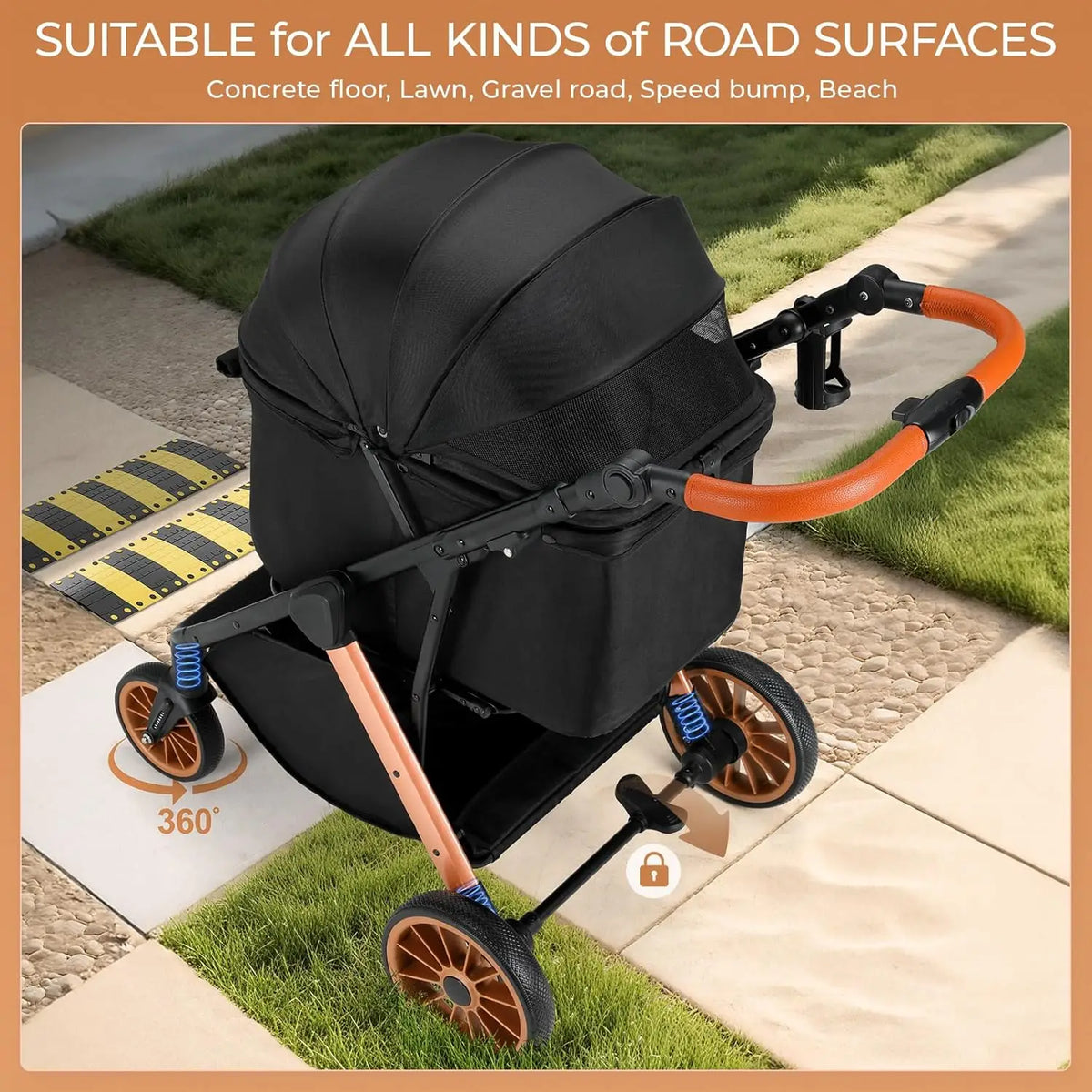 Foldable Pet Stroller With Shock Absorbers And Sun Shade