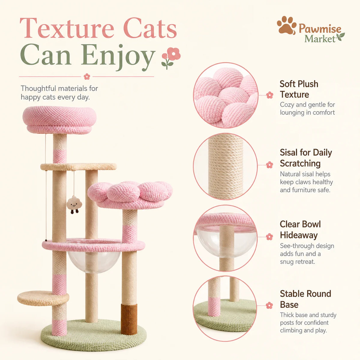 Multi Tier Cat Tree With Sisal Posts And Plush Perches