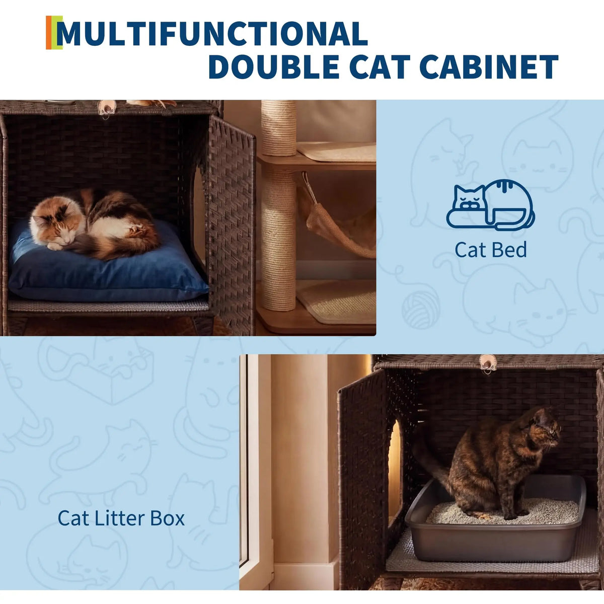 DishyKooker Rattan Double Door Cat Litter Box Cabinet