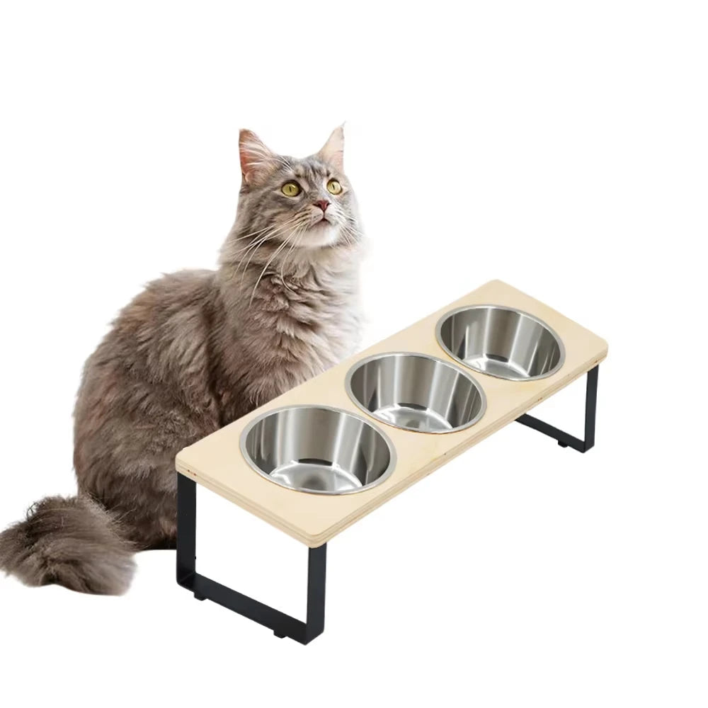 Elevated Cat Feeder With Bamboo Base And Stainless Steel Bowls