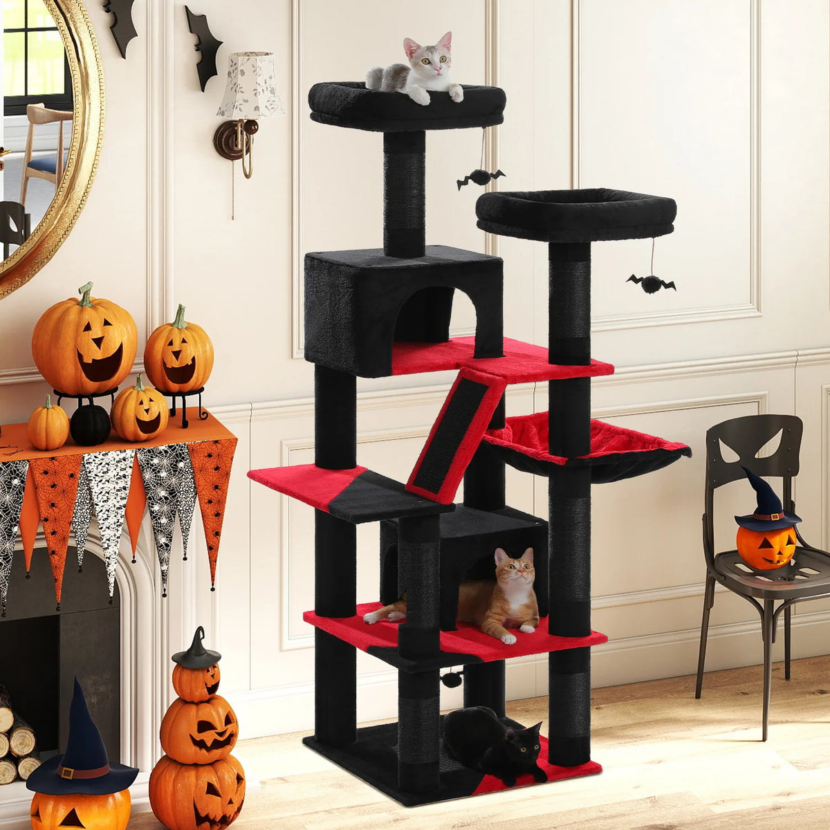 PEQULTI Multilevel Wooden Cat Tree With Scratching Posts And Hammock