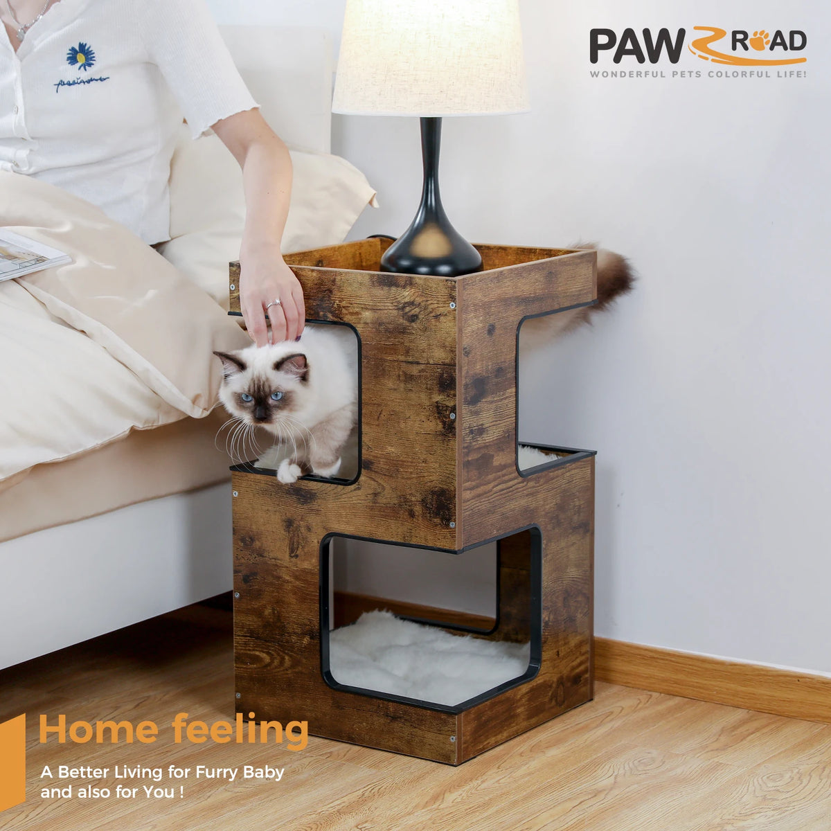PAWZ Road Modern Wood Cat Condo Tower With Scratching Pad
