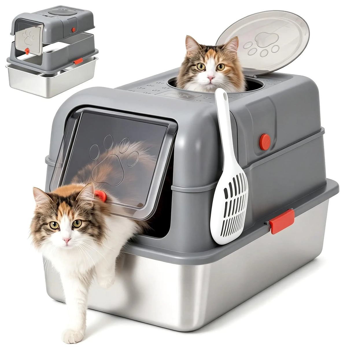 Enclosed Stainless Steel Litter Box With Lid Dog Proof XL Metal Litter Pan High Sided Anti Leak Front Entry Top Exit For Big Cats Includes Scoop For Multi Cat Home