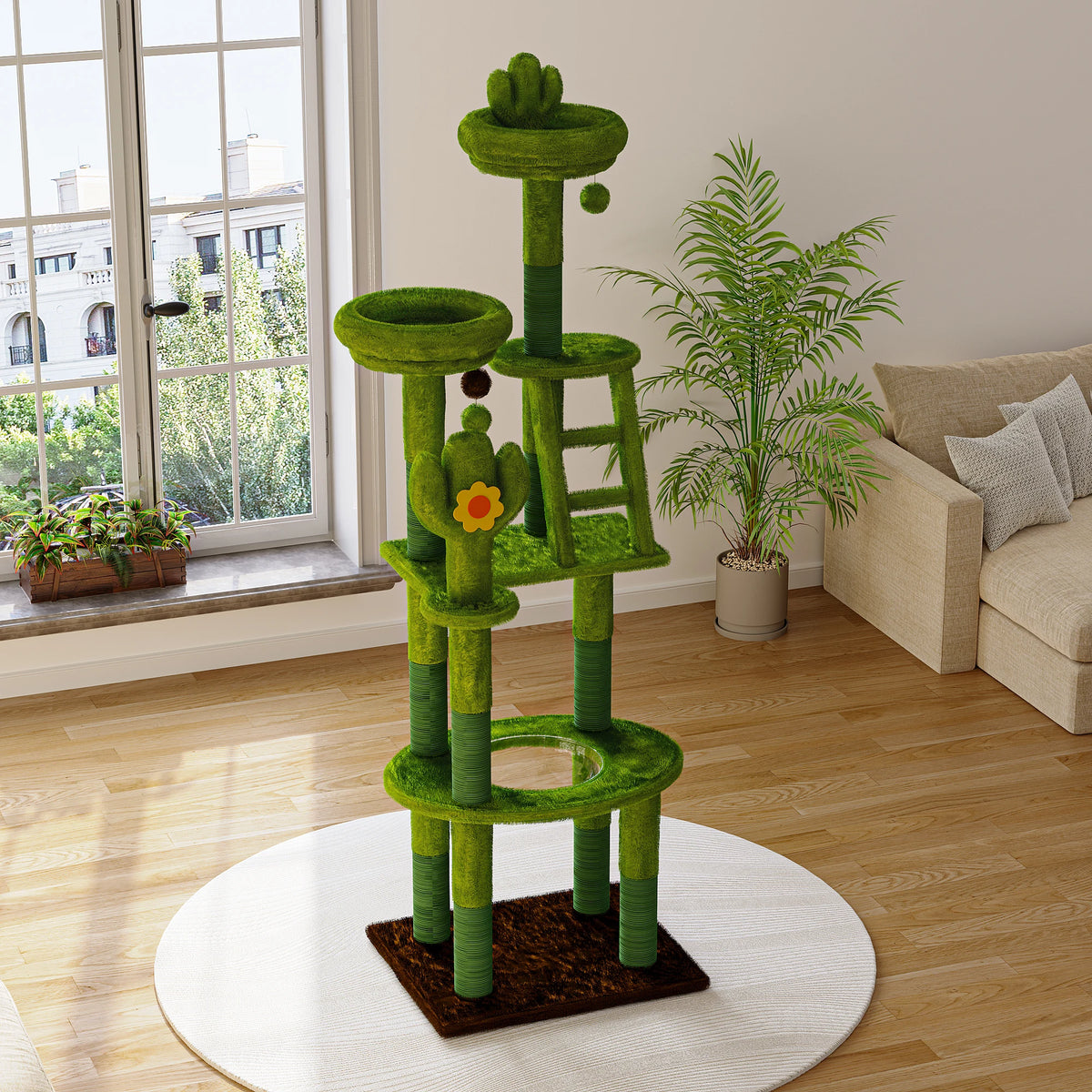 72" Cactus Cat Tree with Transparent Capsule, Tall Cat Tower Condo with Sisal Scratching Posts, Plush Perches & Hanging Toys, Multi-Level Activity Center for Large Indoor Cats