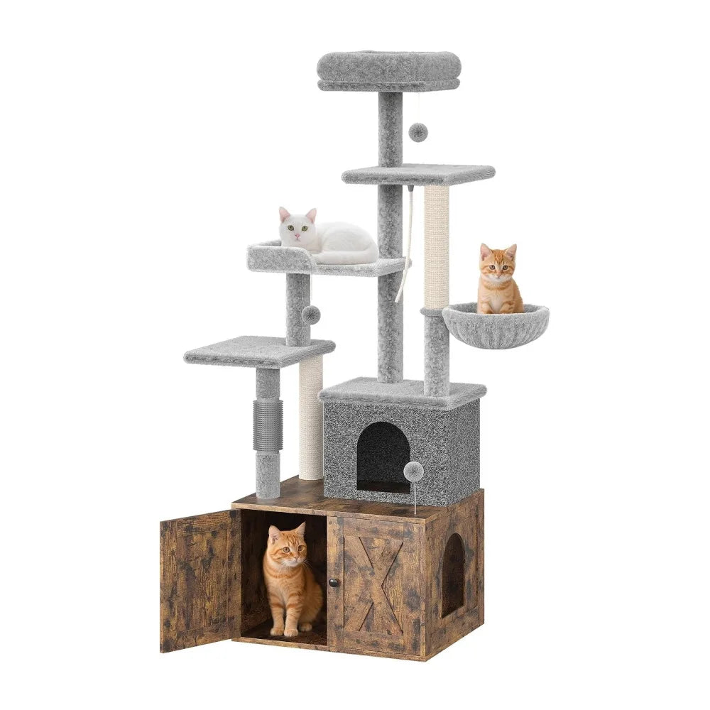 Modern Cat Tree With Hidden Litter Box Condo And Hammock