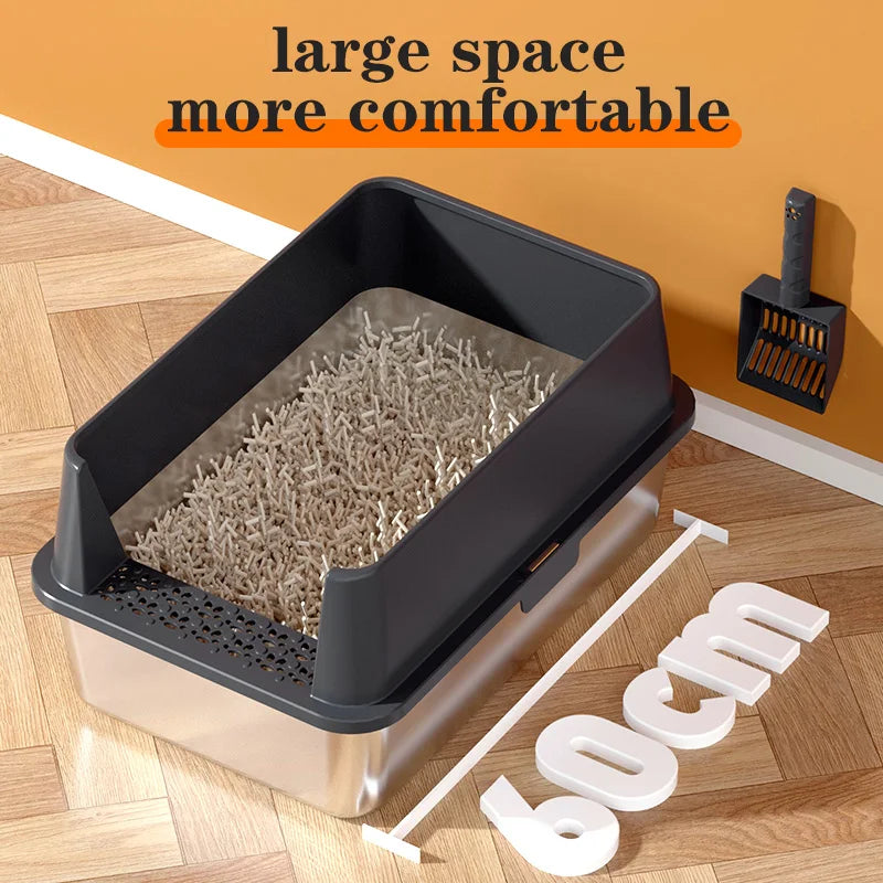 2PACK Stainless Steel Cat Litter Box with High Sides Lid, Extra Large XL Litter Box for Big Cats, Metal Kitty Litter Boxes