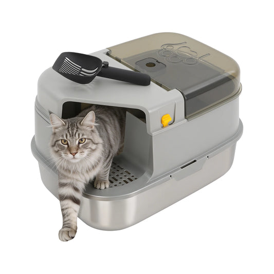 3-in-1 Convertible Cat Litter Box 7.93Gal, Stainless Steel Litter Box with Tracking Corridor & Top Window 30L for Adult Cats