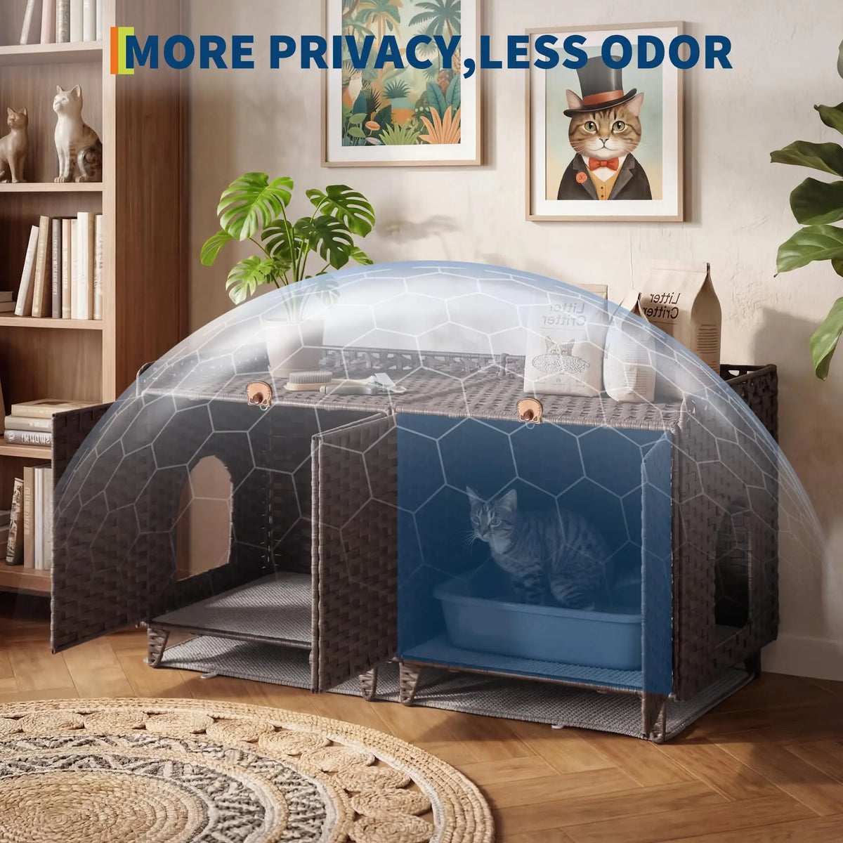 DishyKooker Rattan Double Door Cat Litter Box Cabinet