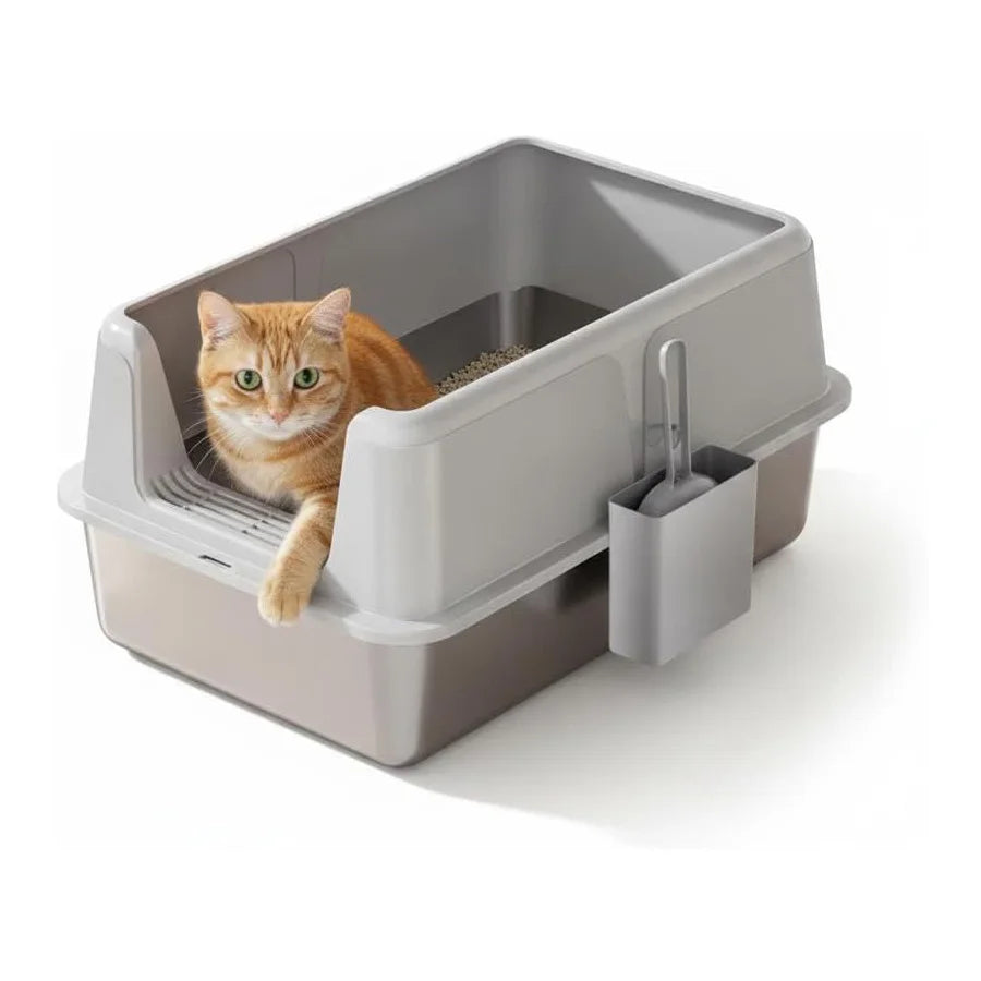 60×40×36.5cm Stainless Steel Cat Litter Tray with Top Entry, Litter Scoop | Extra Large Cat Litter Box with Non-Stick, Odor Resistant, Leak & Splash Proof Easy Clean