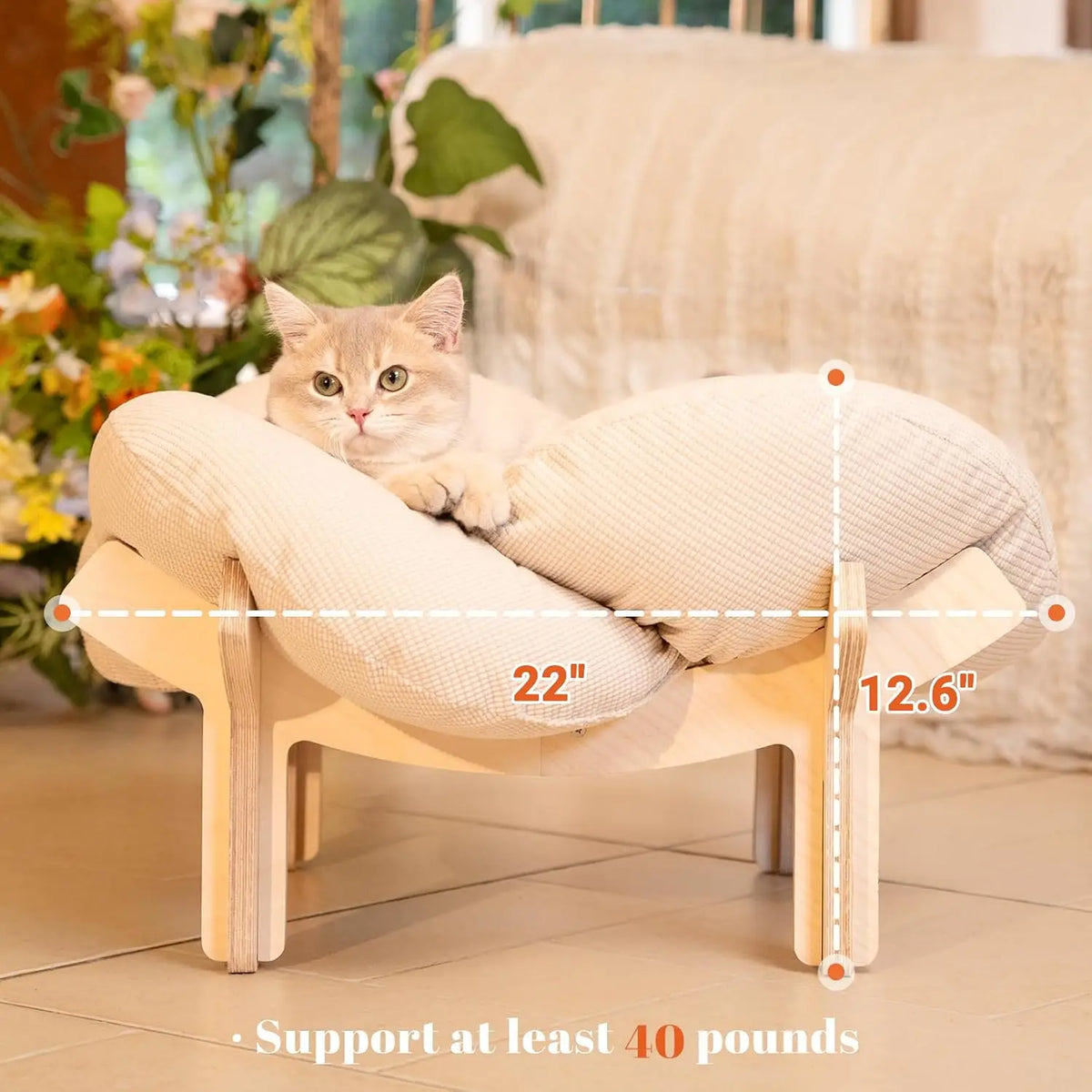 Elevated Wooden Cat Bed With Fluffy Cushion And Pet Lounge