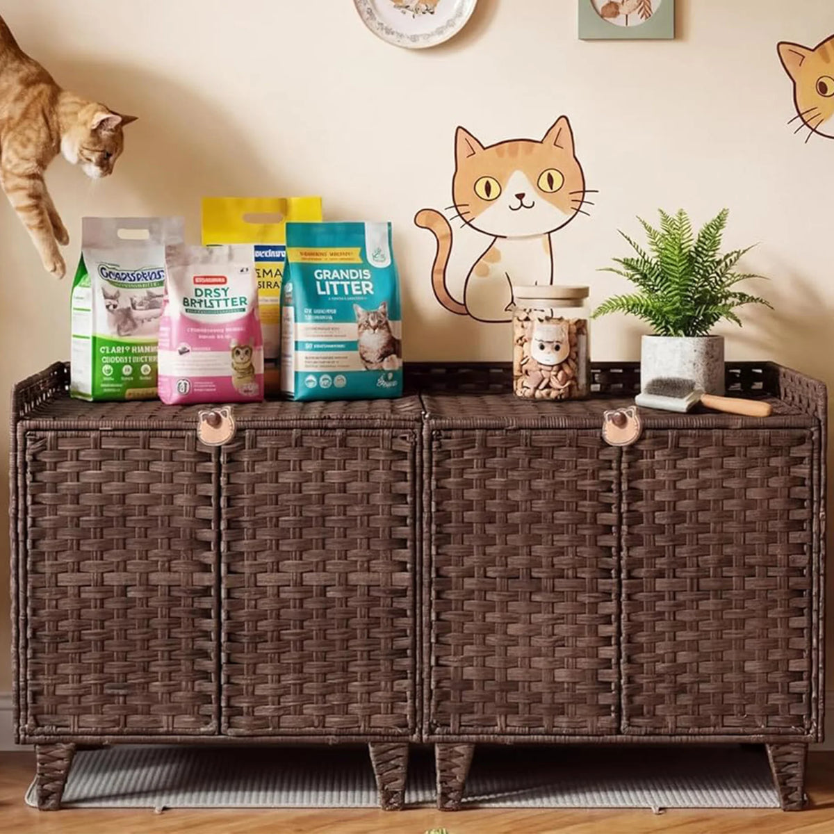 DishyKooker Rattan Double Door Cat Litter Box Cabinet