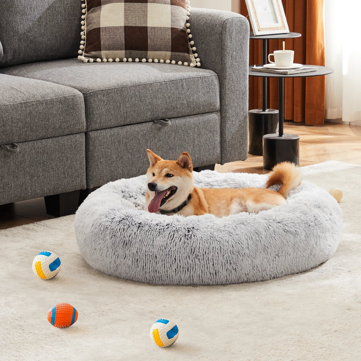 JHK Round Plush Faux Fur Calming Durable Washable Dog Bed