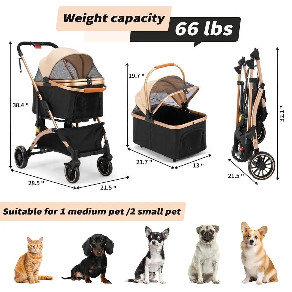 Premium Pet Stroller With Shock Absorbers And Storage Basket
