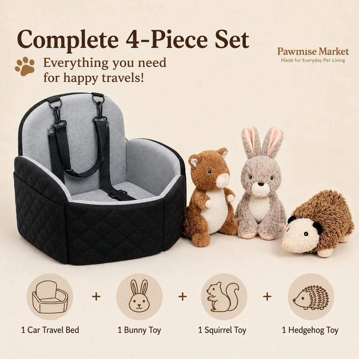 Dog Car Seat Bed With Adjustable Straps And Squeaky Toys