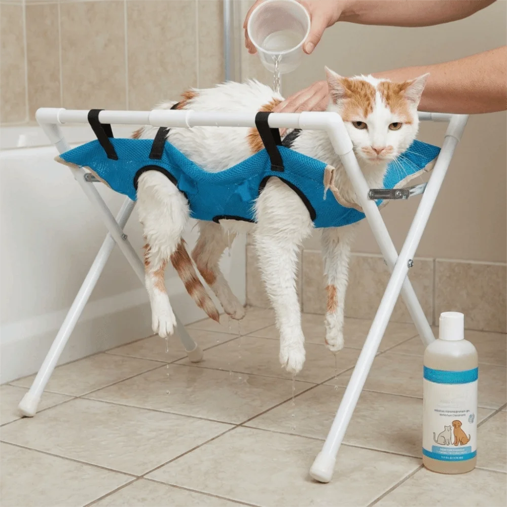 Folding Cat Bathing Rack Breathable Anti-Bite Pet Grooming Hammock Stable Structure Quick-Dry Mesh Pet Washing Station