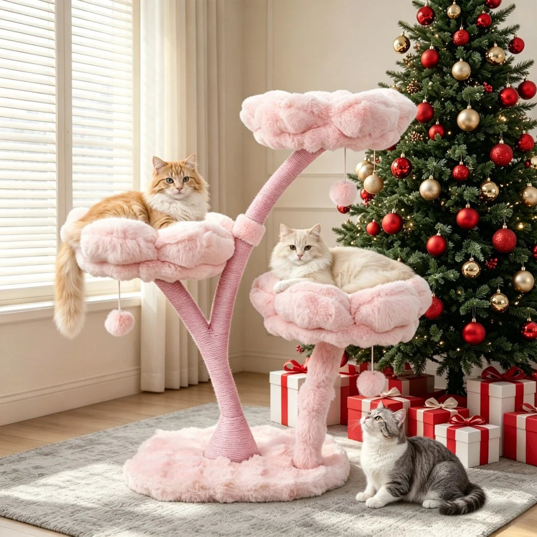 Borwart Wooden Four Tier Cat Tree With Scratching Post Toys