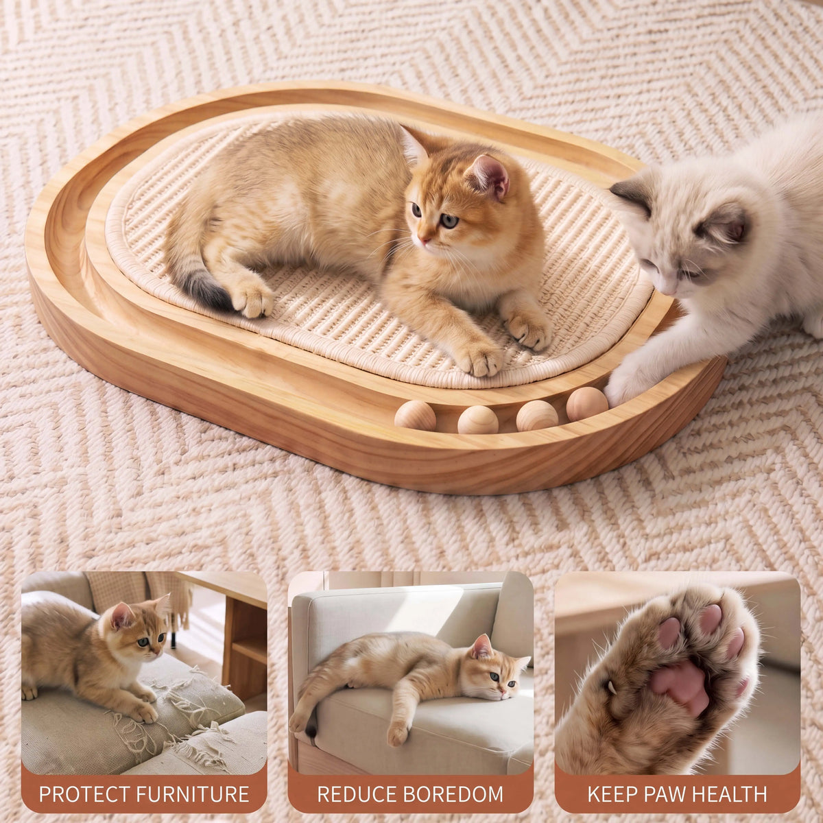 3-in-1 Wooden Cat Scratcher Toy with Sisal and Rolling Balls