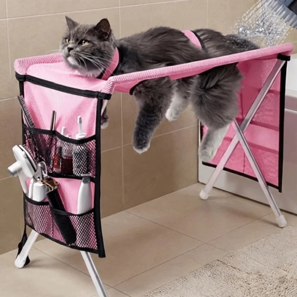 Folding Pet Grooming Hammock Anti-Scratch Quick Drying Pet Washing Station Sturdy with Support Frame Cat Bathing Rack