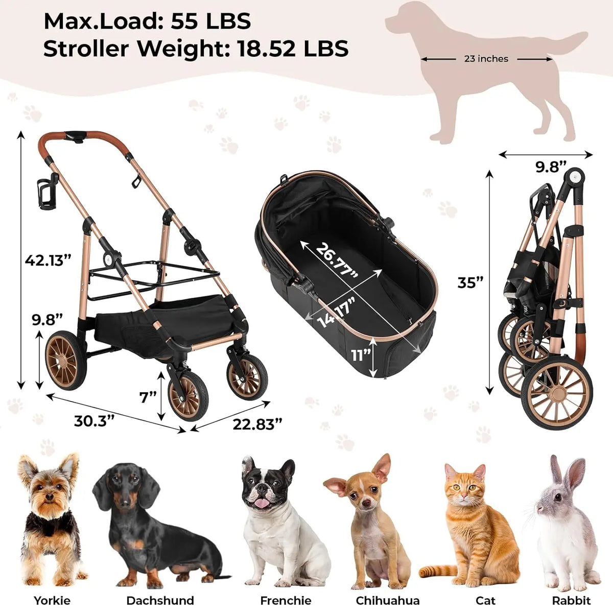 Foldable All Terrain Three In One Pet Stroller With Basket