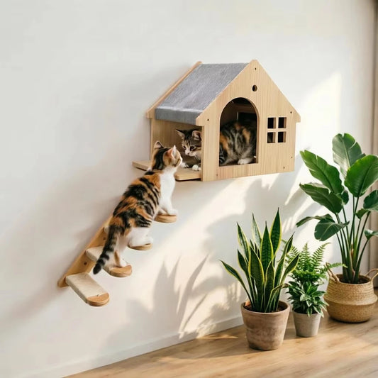 Wall Mounted Wooden Cat Villa Climbing Shelf For Indoor Pets