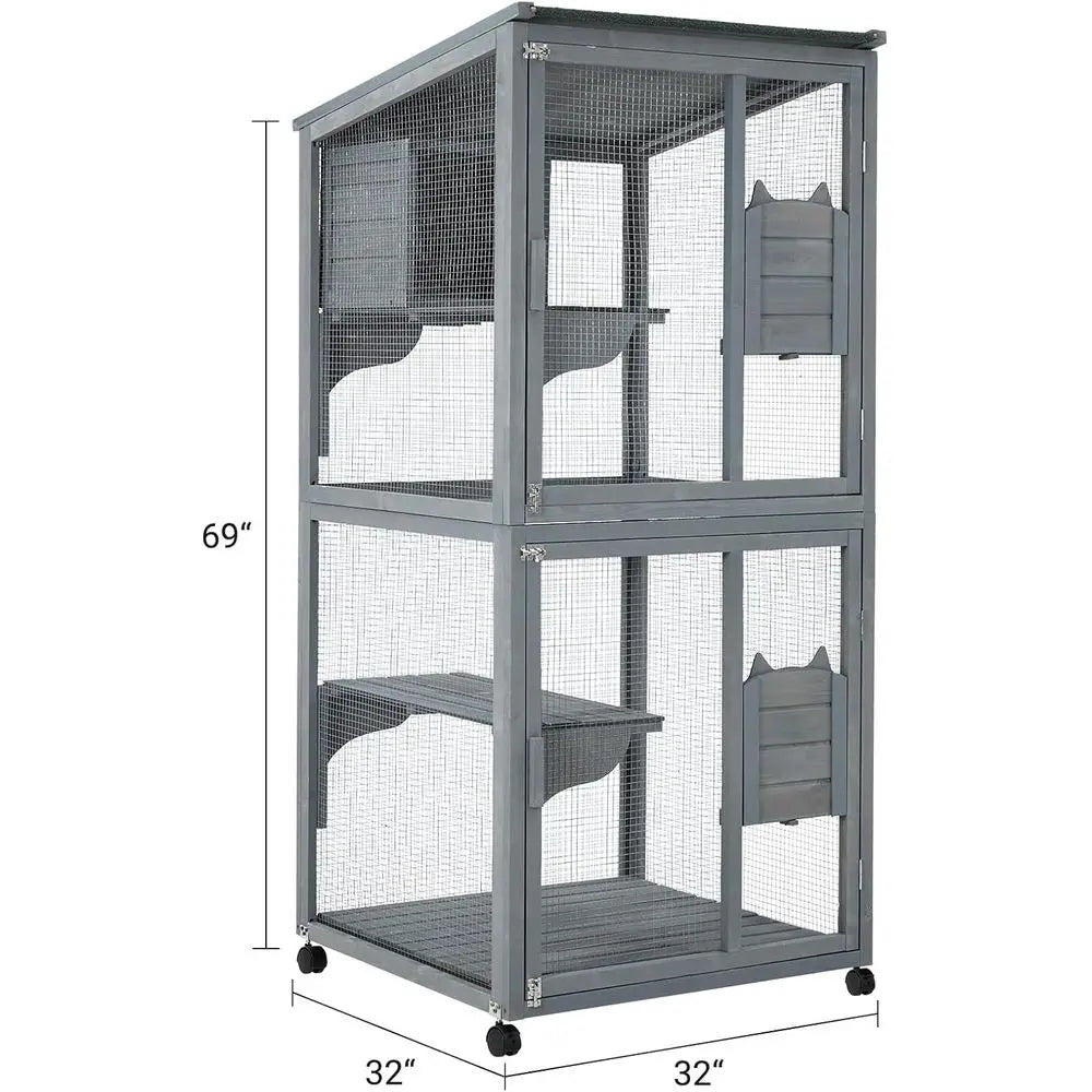 Waterproof Outdoor Catio Enclosure With Lockable Wheels And Platforms