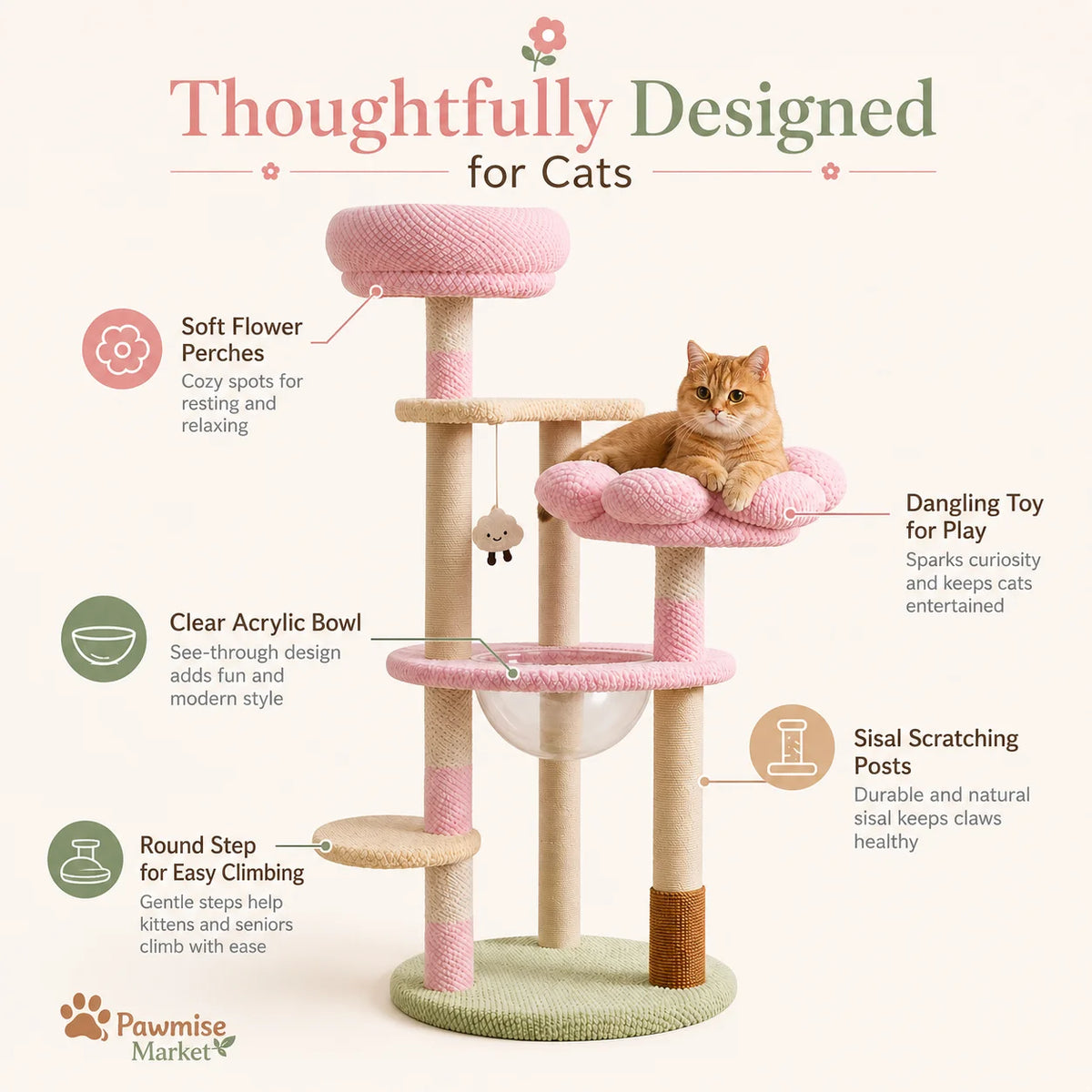Multi Tier Cat Tree With Sisal Posts And Plush Perches